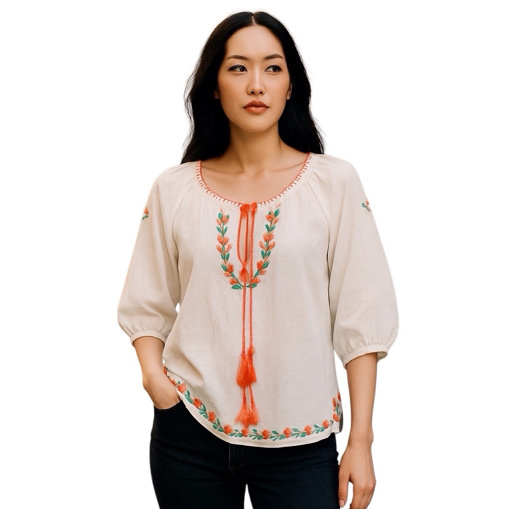 Peasant Bohemian Voile Sheer Cotton Embroidered Top Retro 70s Beachy Festival - Picture 1 of 12